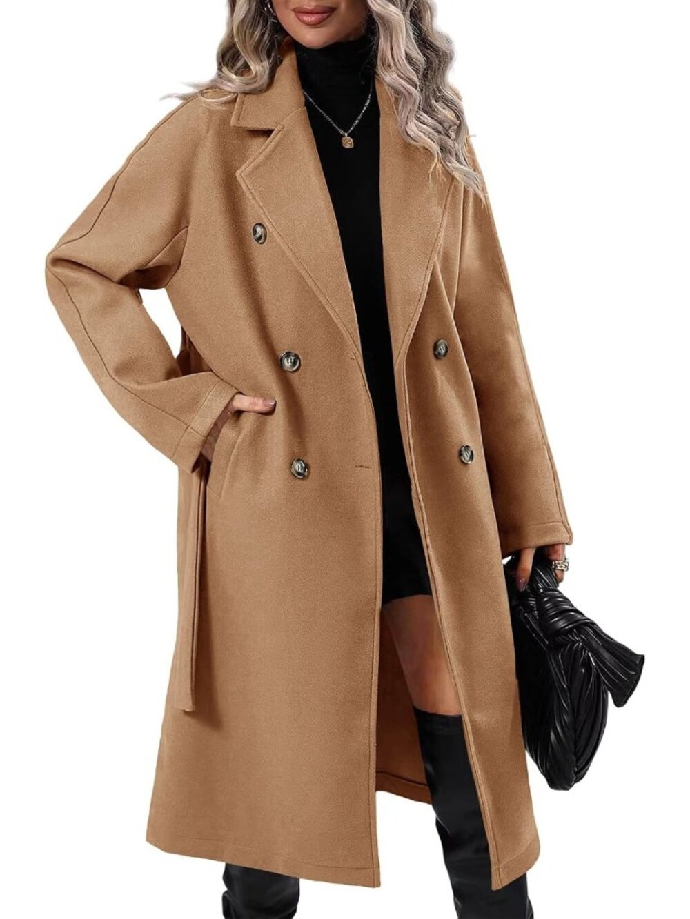 Women's Camel Lapel Collar Long Sleeve Long Double Breasted Pockets Trench Coat